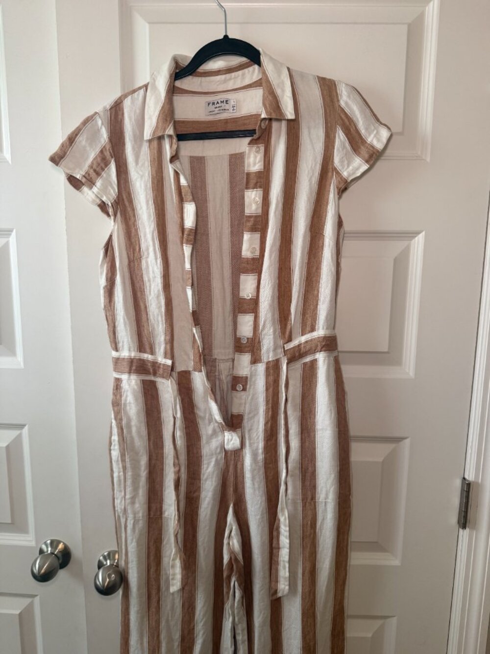 FRAME Linen Blend Shirt Jumpsuit | Brown Striped Collar | Size S - Picture 3 of 7